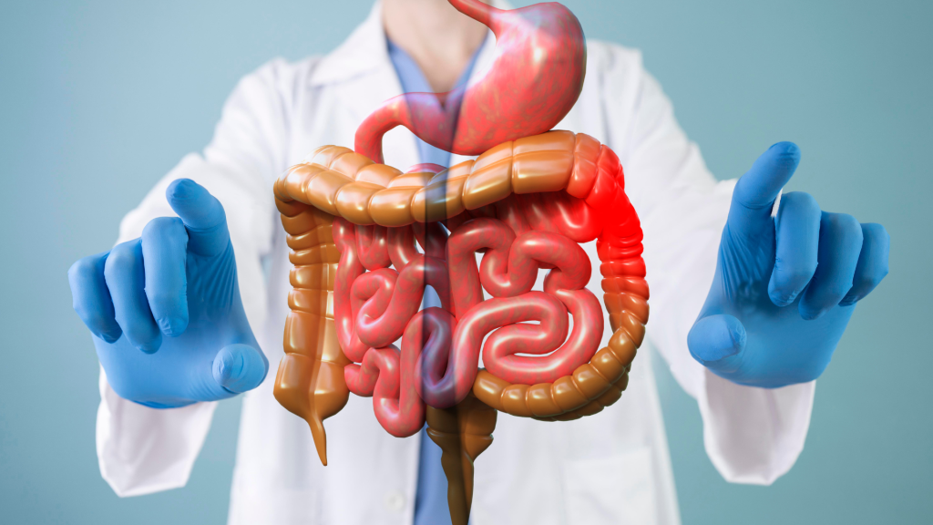 Médico coloproctologista conversando com pais e adolescente durante consulta.